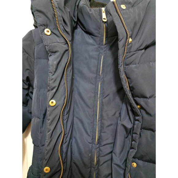 Cole Haan Women's PXS Navy Quilted Long Puffer Coat Detachable Hood Gold Elastic - Picture 5 of 8